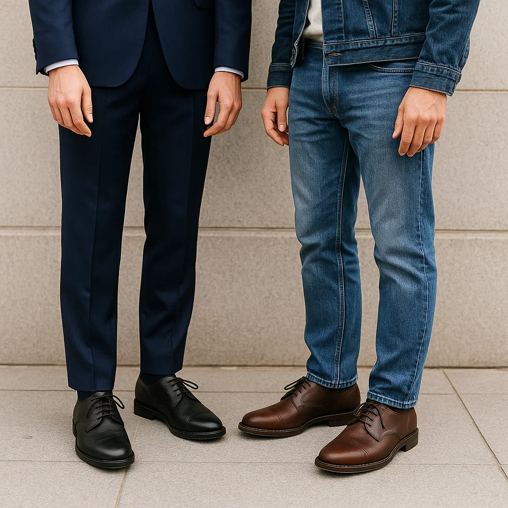 derby zapatos con traje y con vaqueros